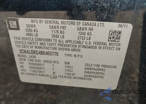 2011 Chevrolet Equinox Lt из США, поврежденный, VIN 2CNALDEC4B6465778